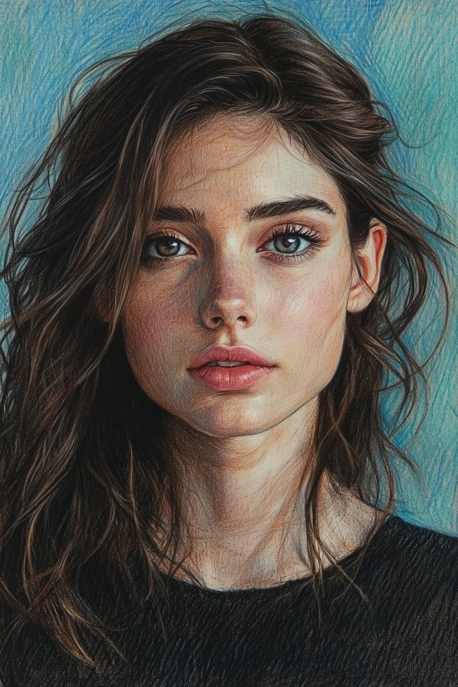 雀斑女孩特寫藍色鉛筆插畫