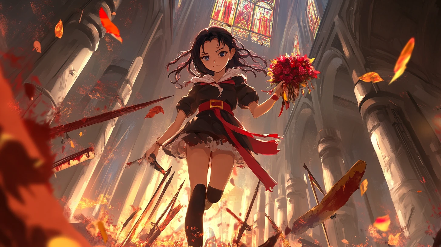 Sad anime girl walking through a field of swords