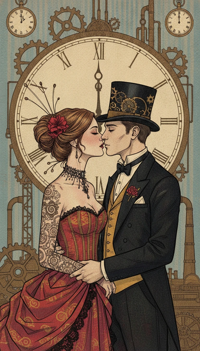 Pareja steampunk a punto de besarse ante un halo de engranajes