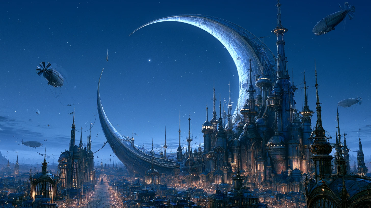 Glowing crescent moon cradling a steampunk cityscape