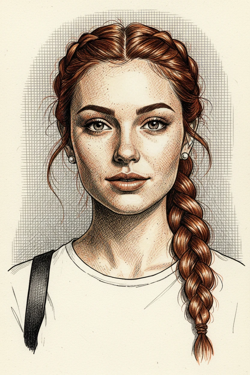 Retrato a tinta de una joven con trenzas y mirada suave y segura