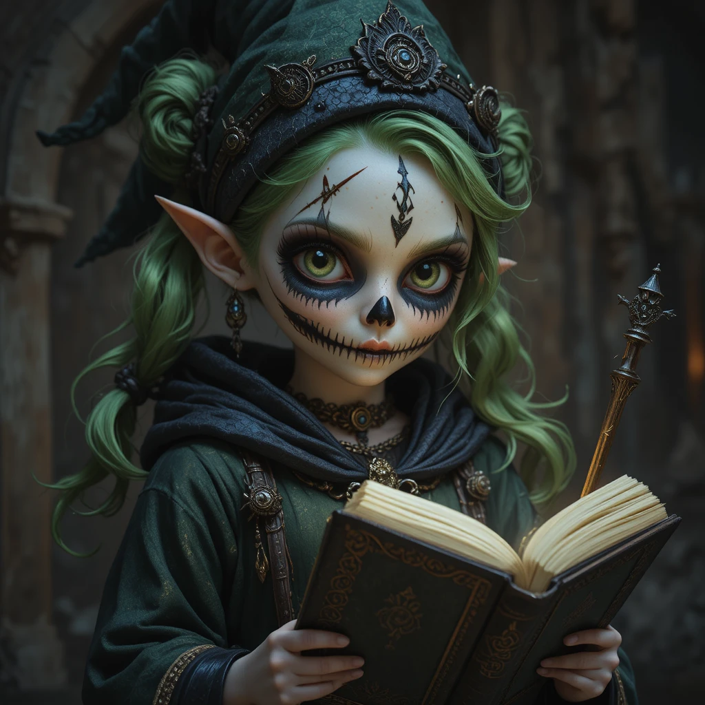 Cute gnome necromancer girl with skull mask and spellbook