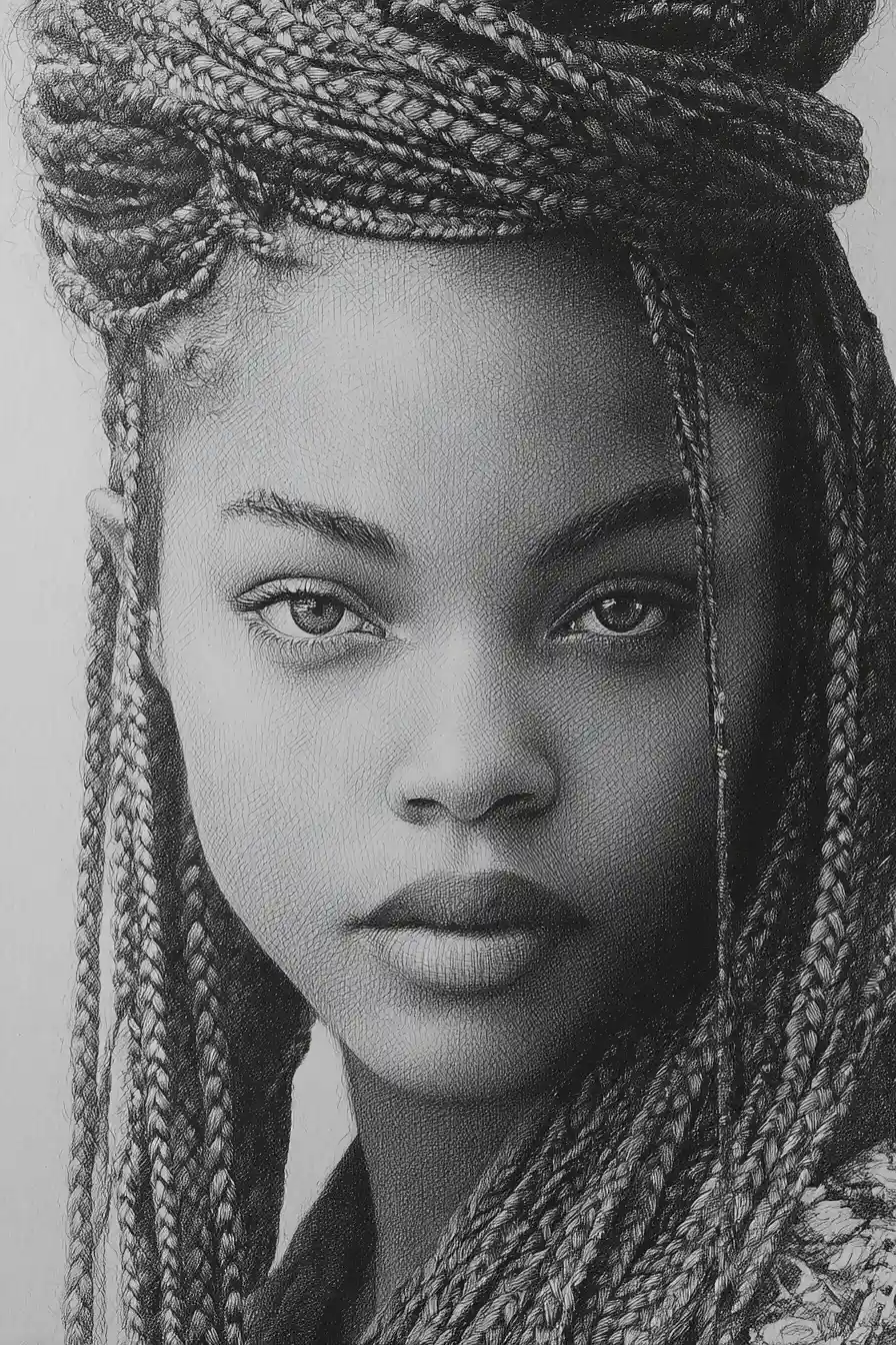 Close up graphite portrait of a young woman with braids