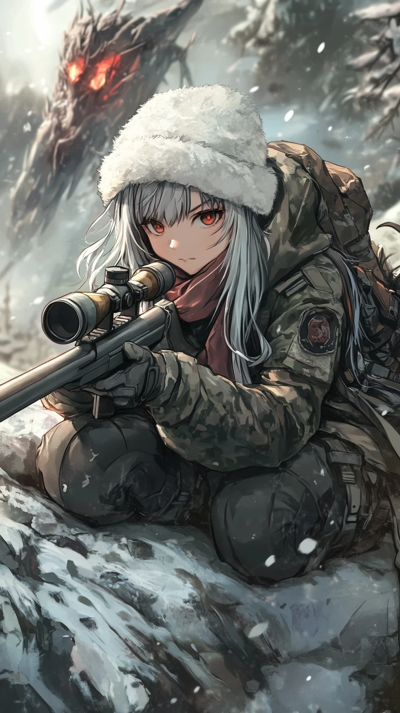 Anime girl sniper aiming at distant dark matter monster