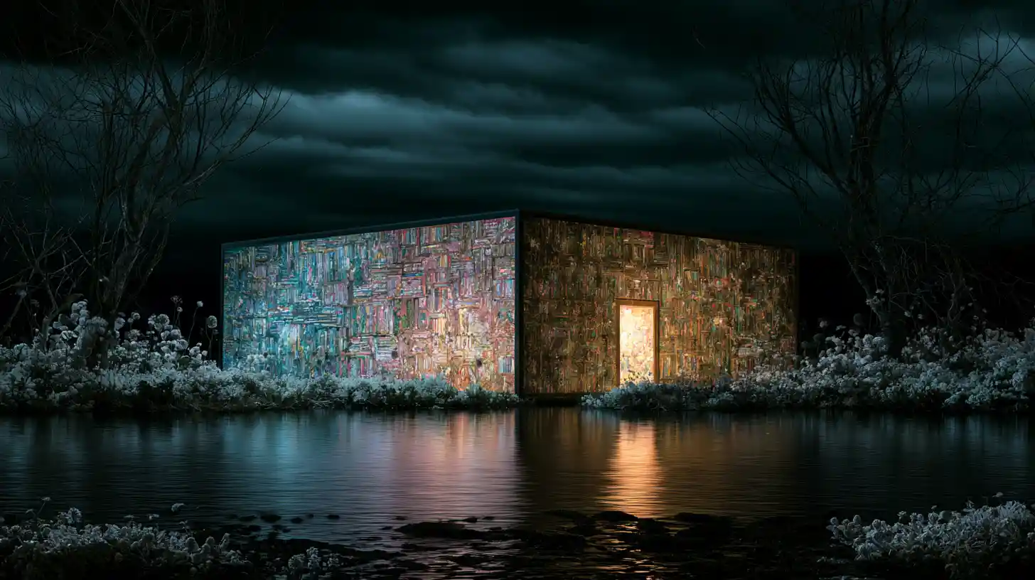 Biblioteca de Fantasía Surreal en un Paisaje Oculto de la Atlántida