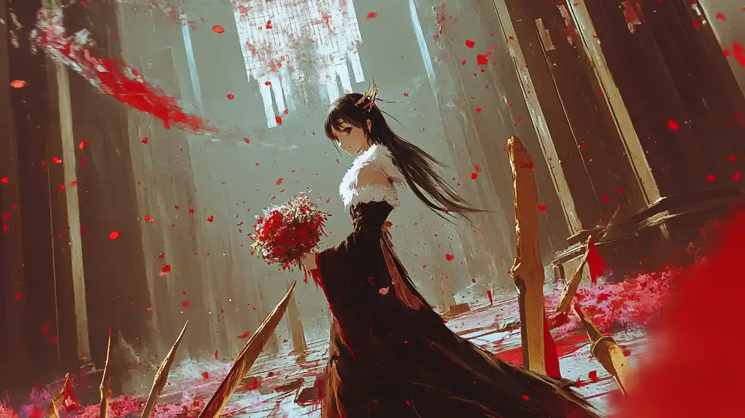Chica de anime triste caminando entre espadas en un campo brumoso