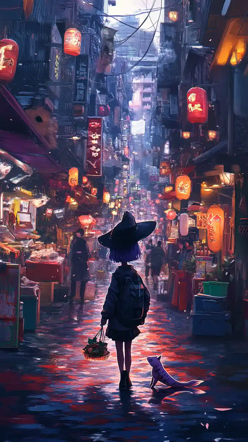 Black winged cat running with koi through fantasy street