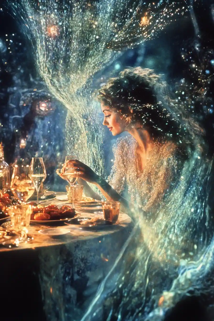 Mystical woman dining in a glittering diamond cavern
