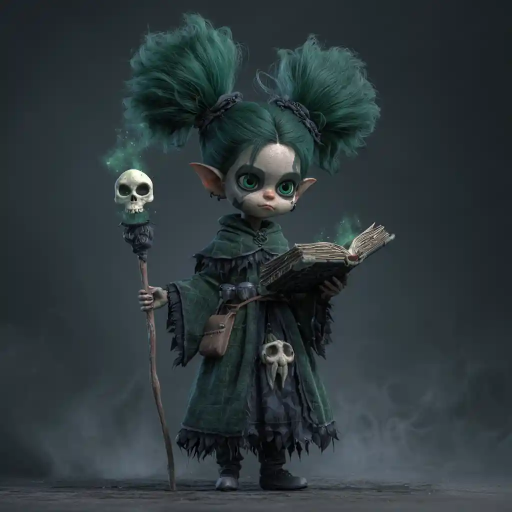 Fillette gnome nécromancienne avec masque de crâne et livre magique