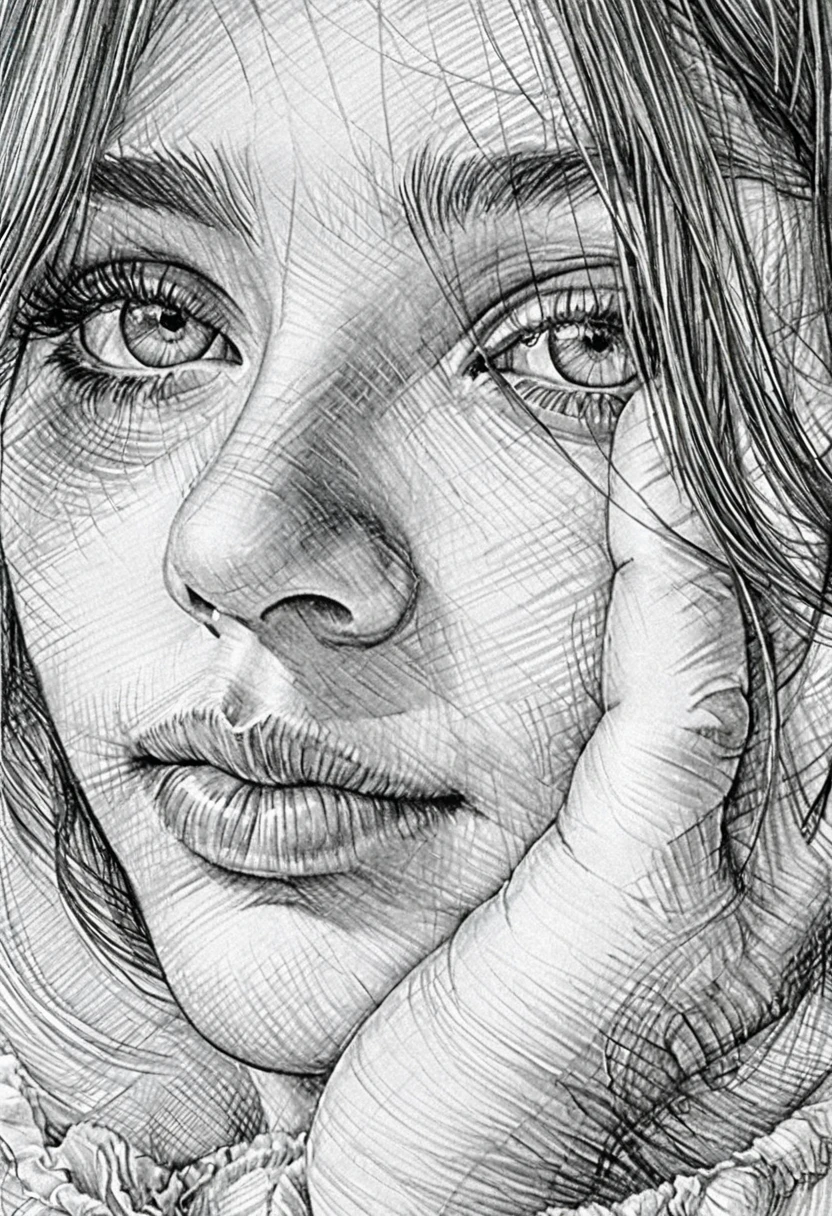Ragazza pensierosa in primo piano in disegno a inchiostro bianco e nero