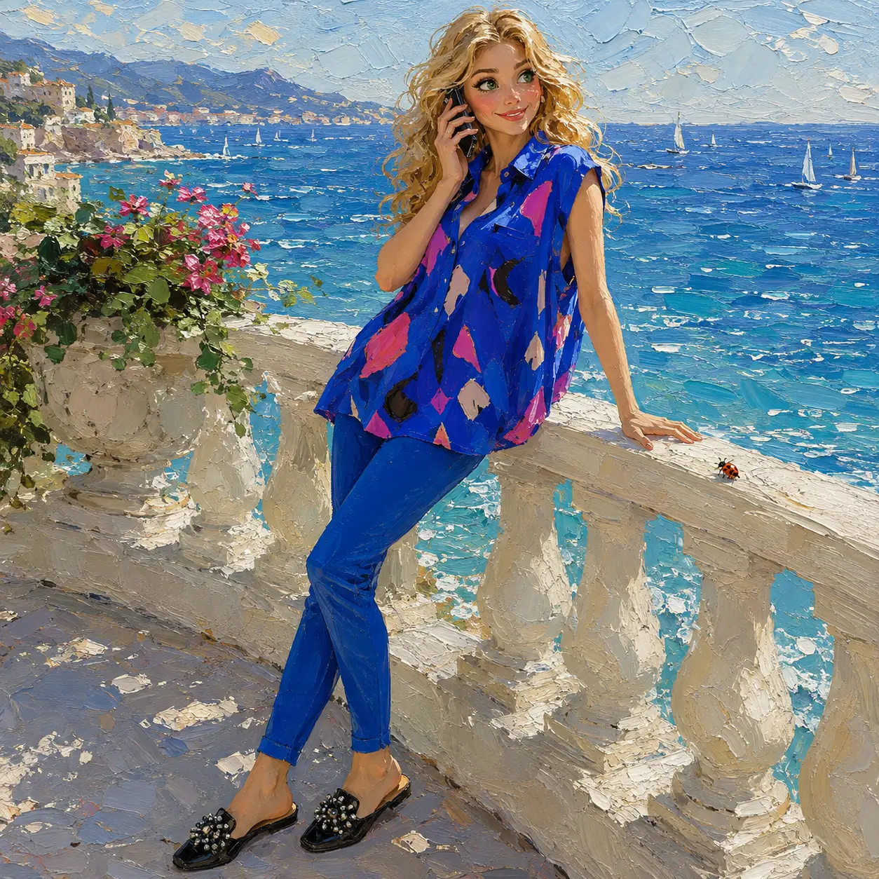 Cheerful woman on seaside balcony in cobalt blue outfit