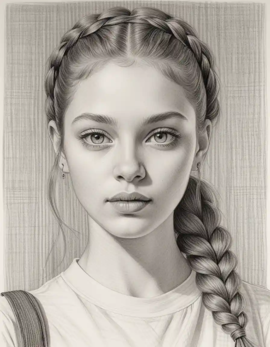 Ink portrait of a young woman with braided auburn hair
