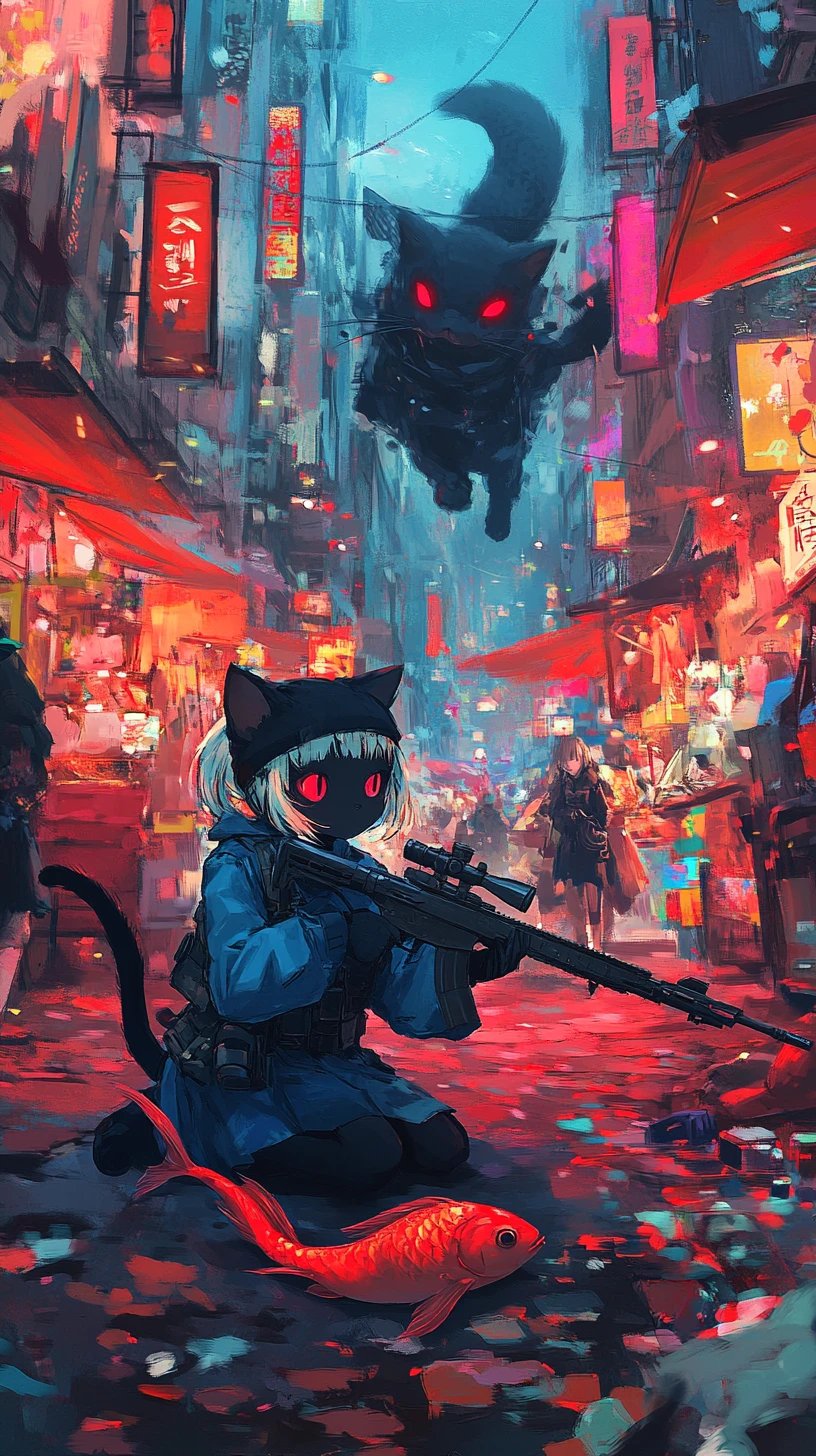 Black winged cat running with koi fish in fantasy city