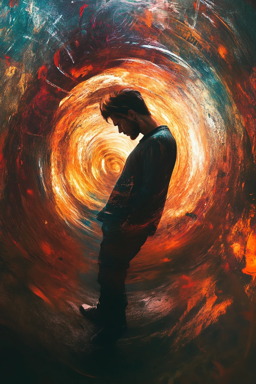 Hombre en una escena oscura en espiral con atmósfera melancólica