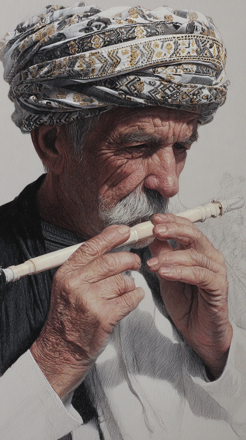 Elderly middle eastern man playing wooden flute portrait