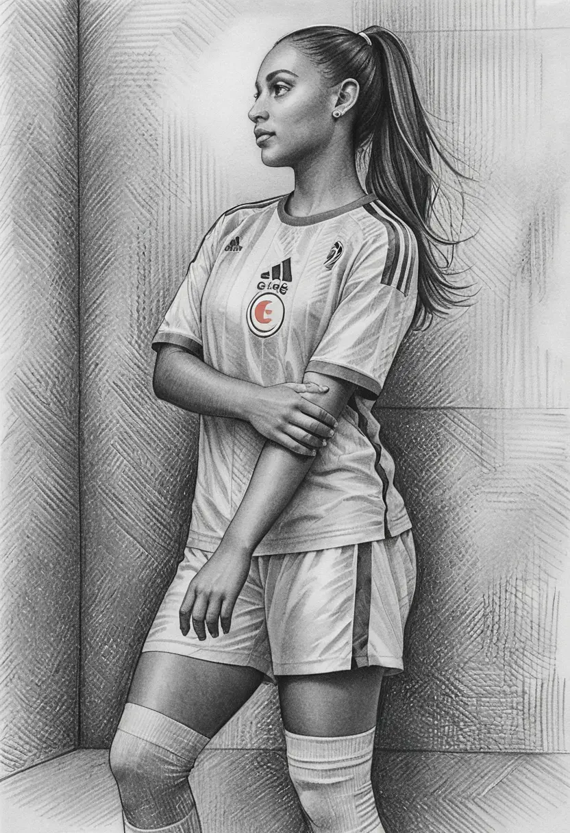 Ritratto a figura intera in grafite di una giovane calciatrice concentrata