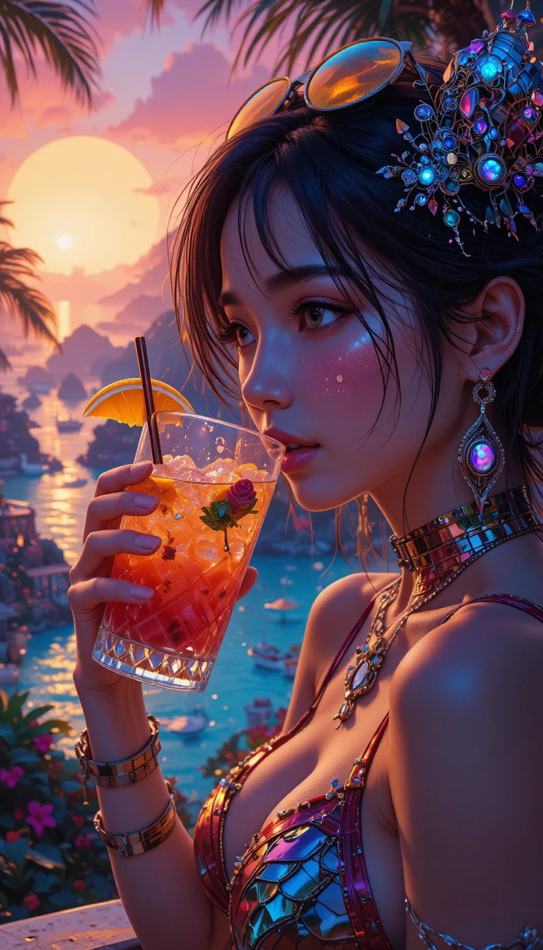 Woman savoring tropical drink at futuristic neon island resort
