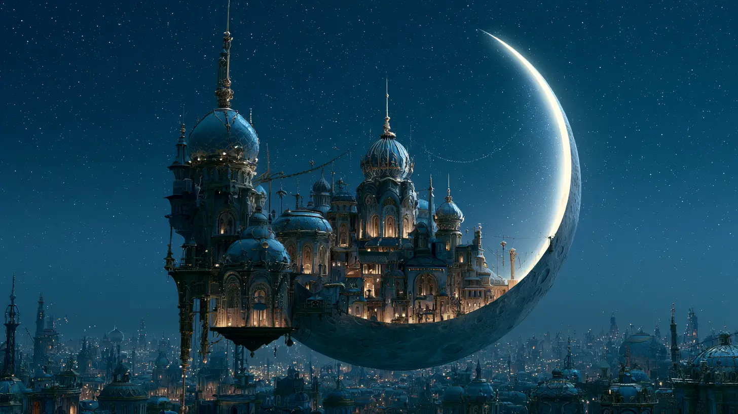 Fantasy city cradled inside a crescent moon in the night sky
