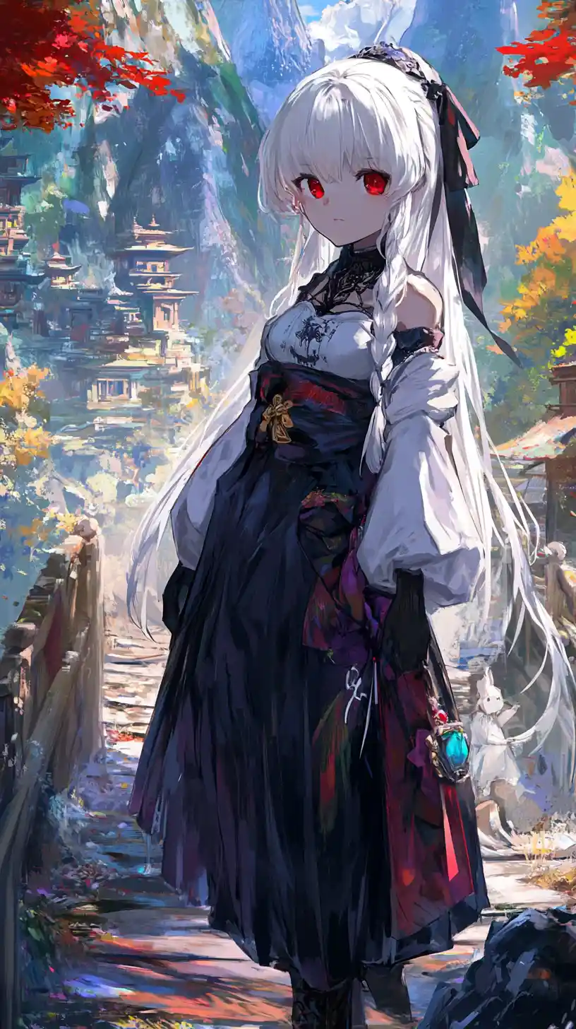 Anime girl in stained outfit with eerie smile on bridge