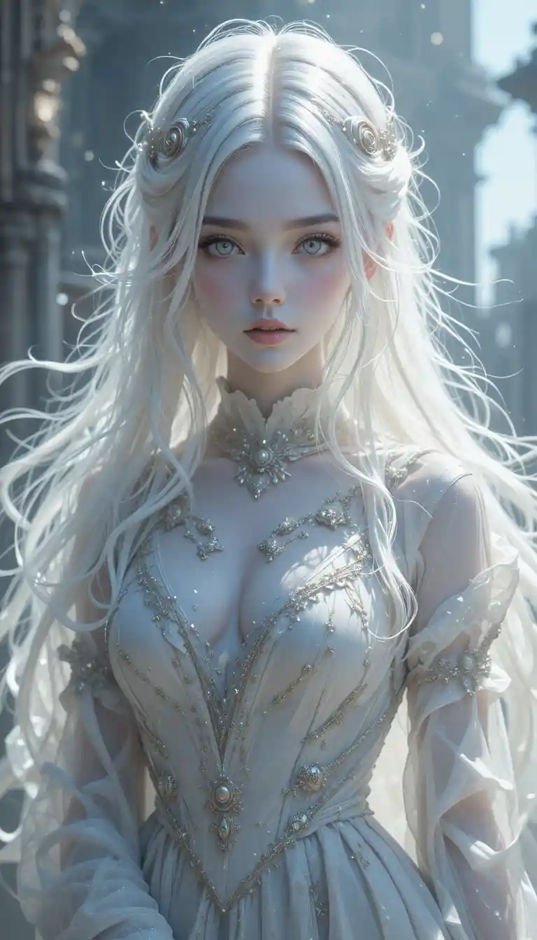 Anime ghost girl with flowing white hair and torn noble dress