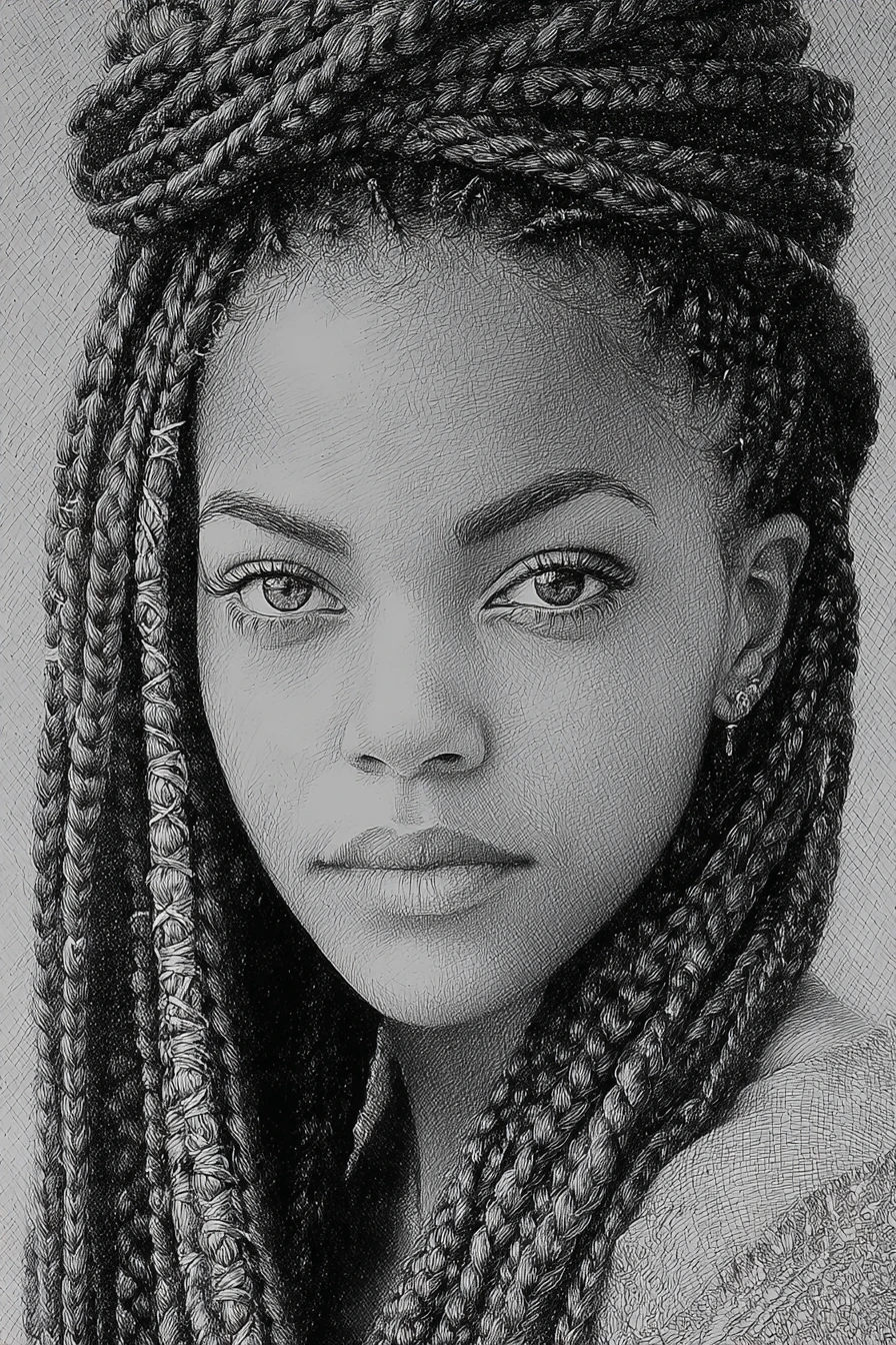 Graphite portrait of a young woman with intense calm gaze