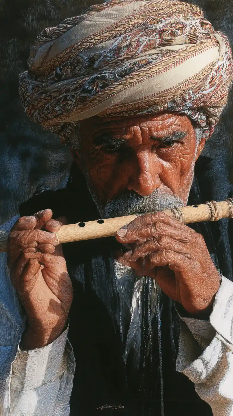 Hombre mayor de Oriente Medio con turbante tocando flauta de madera