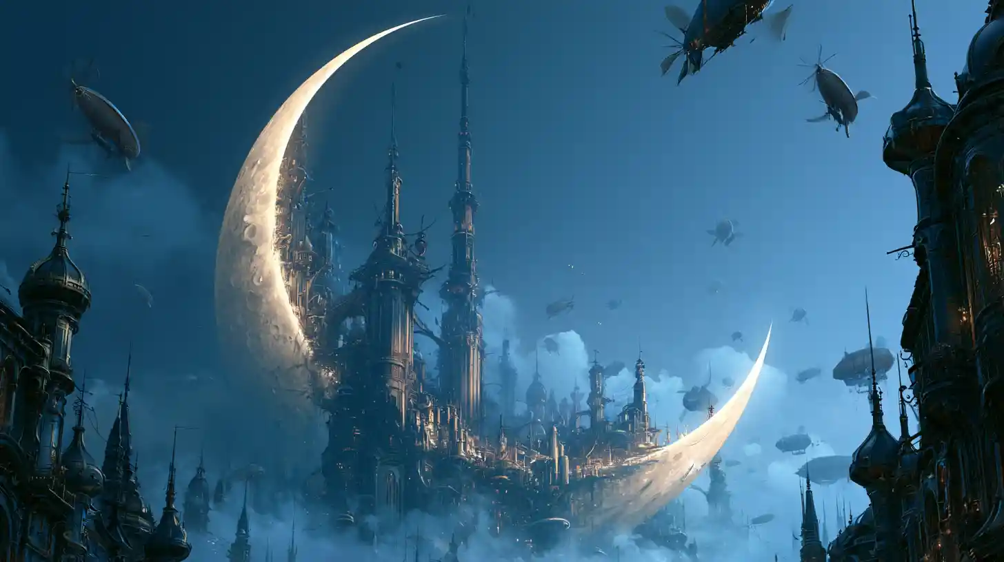スチームパンクの空中都市を抱く輝く三日月