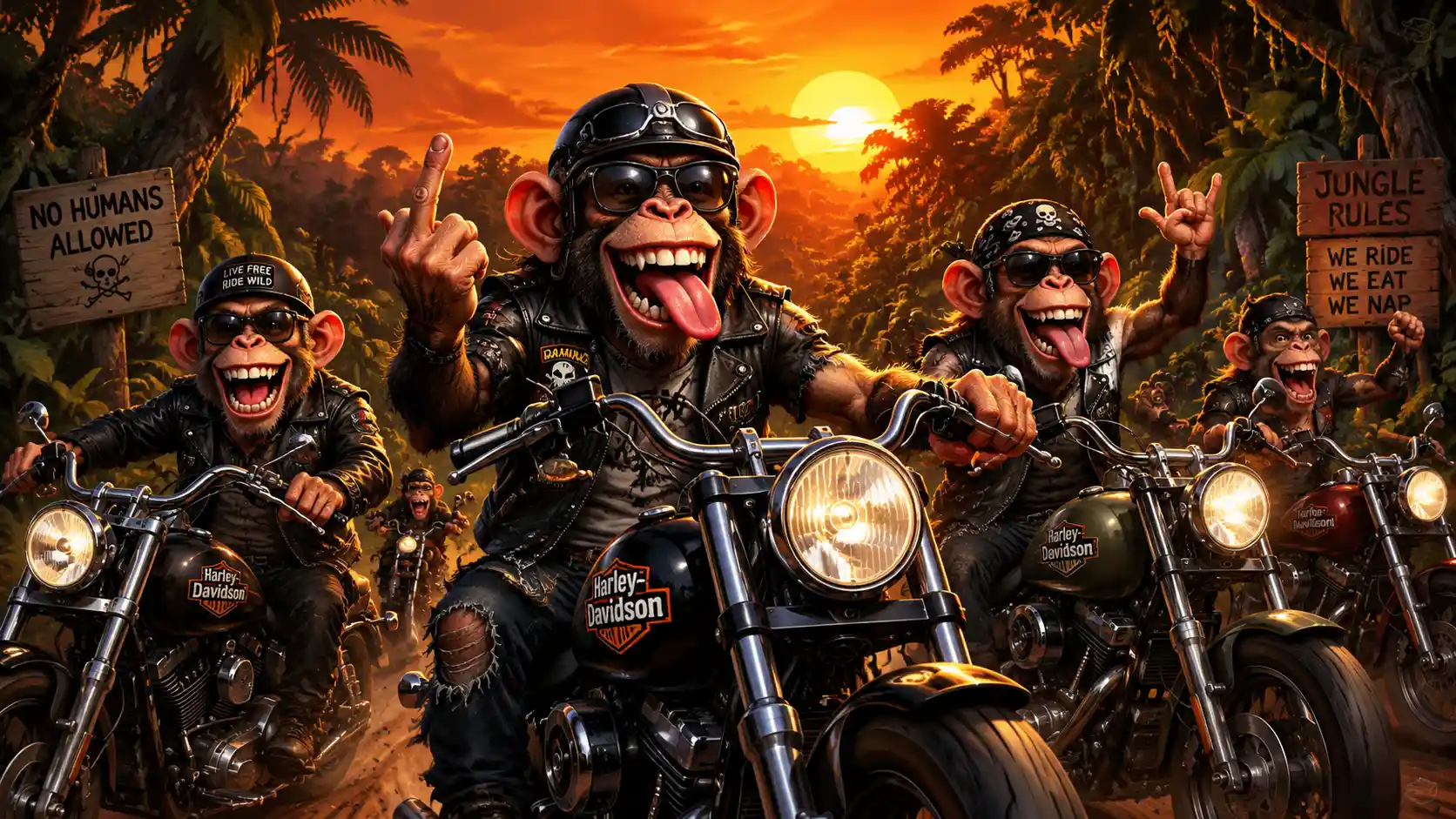 Monos motociclistas conduciendo motos por la jungla al atardecer