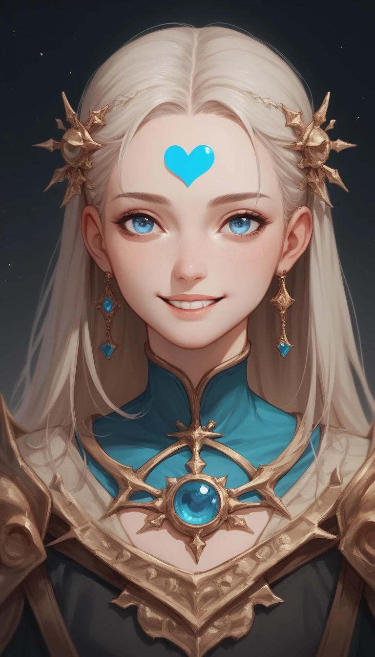 Chica de anime en primer plano con ojos azules brillantes y sonrisa