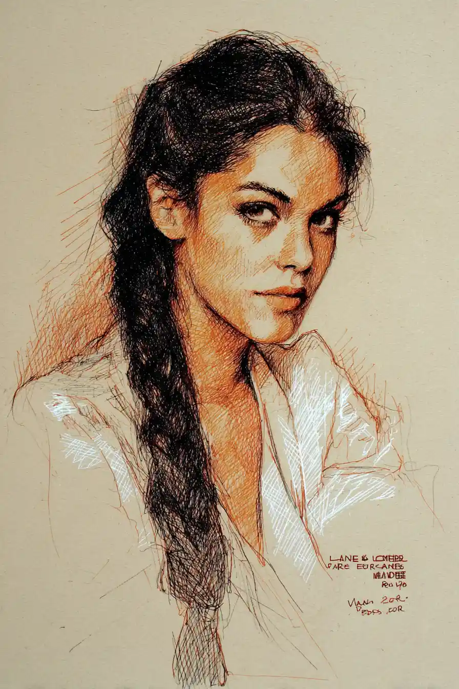 Serene young woman in football jersey pen drawing portrait