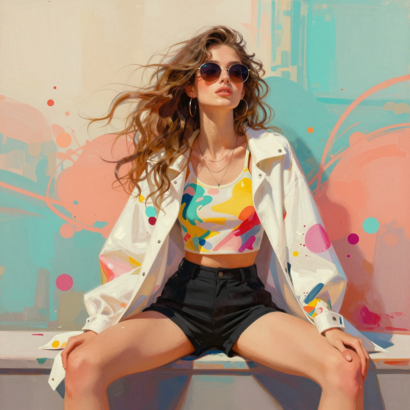 Mujer elegante con gafas de sol sentada junto a un colorido mural