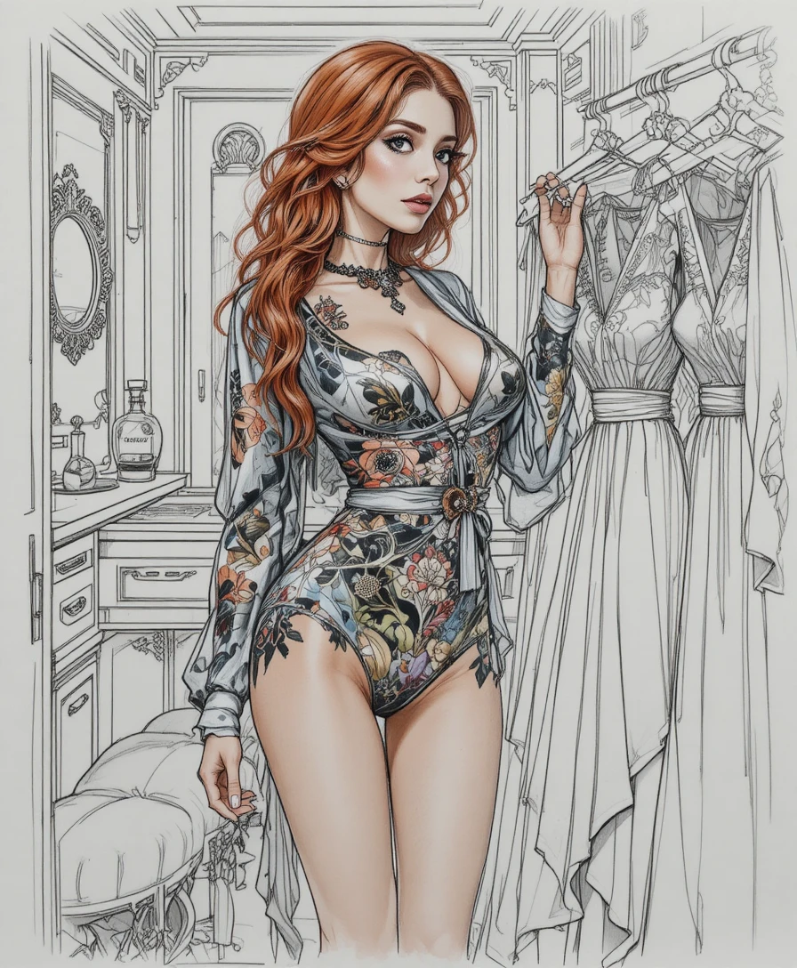 Sensual redhead woman choosing dresses in lavish closet