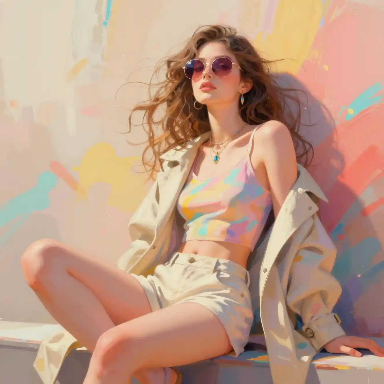 Stylish woman in pastel streetwear from a low angle