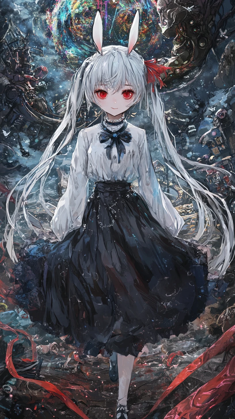 Chica de anime con sonrisa fantasmal caminando sobre un puente de madera