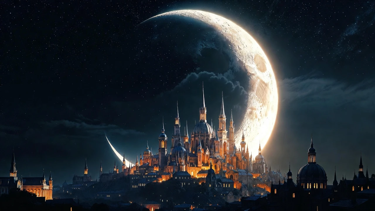 Ciudad fantástica acunada en una luna creciente sobre el cielo nocturno