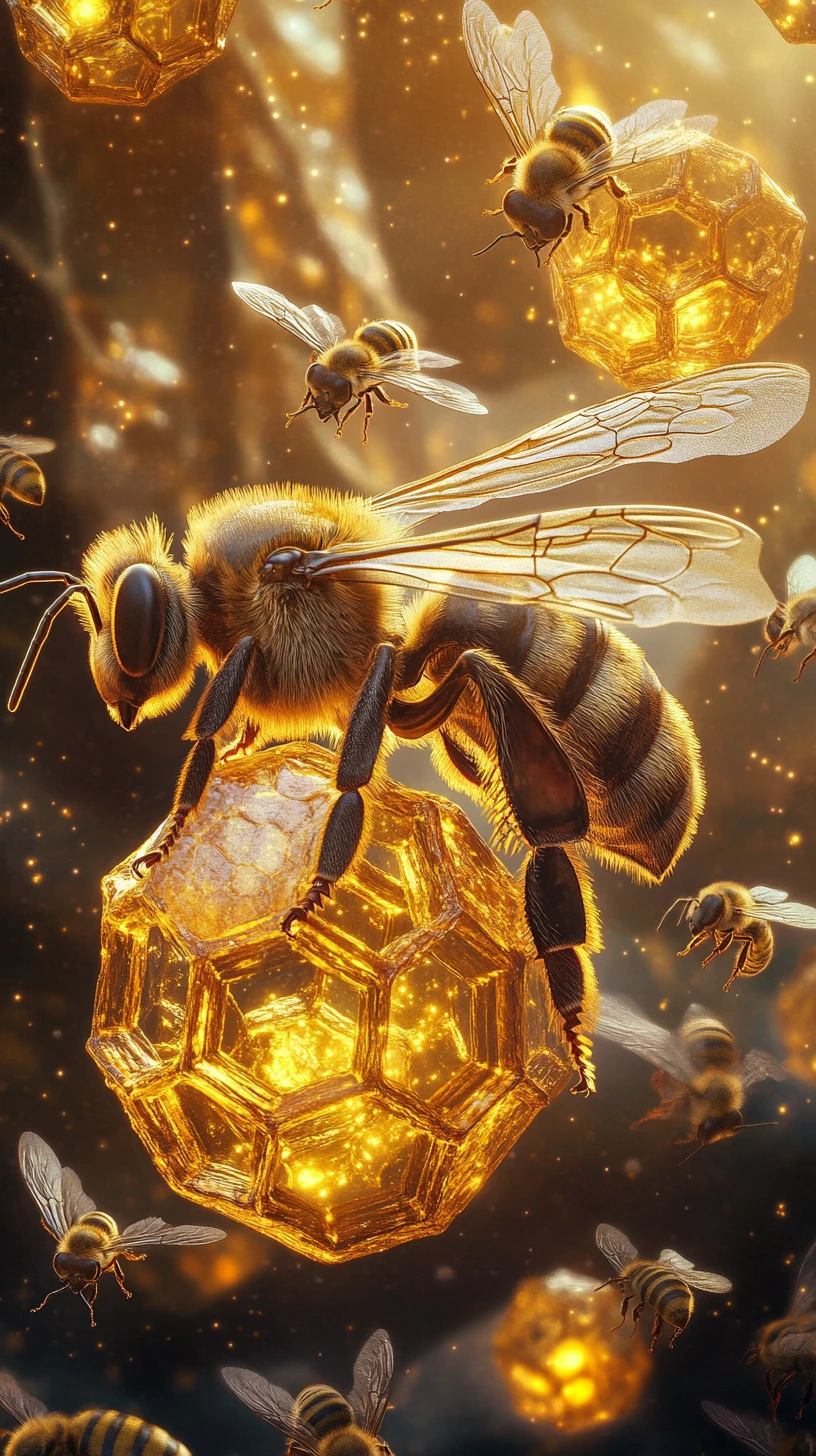 Abeja heroica construyendo catedrales de panal luminosas en luz ámbar