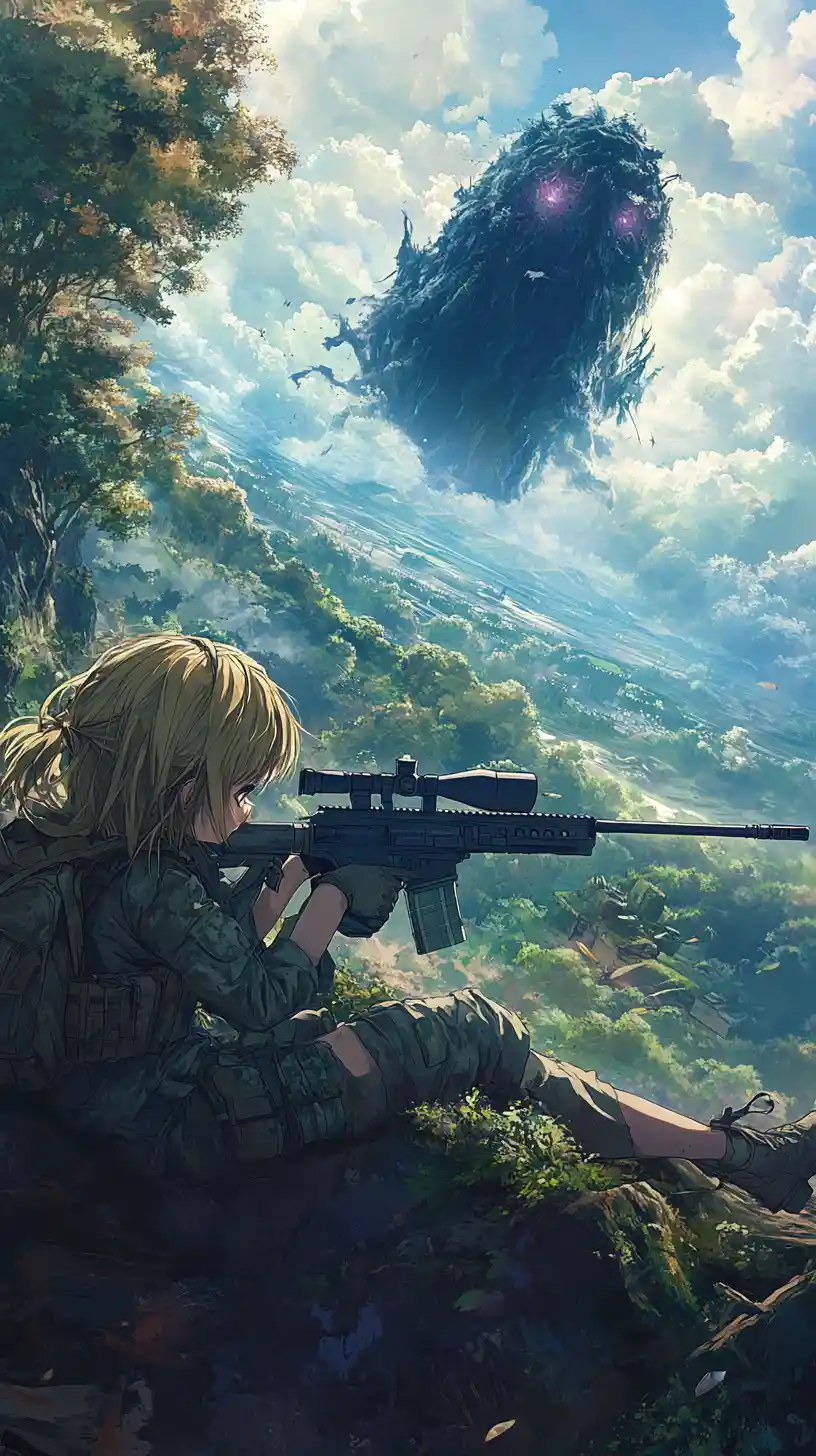 Anime girl sniping in camouflage with distant dark matter monster