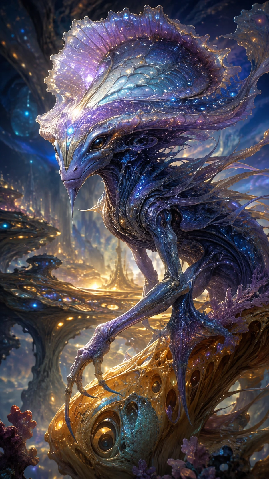 Criatura alienígena bioluminiscente en un mundo extraterrestre fantástico