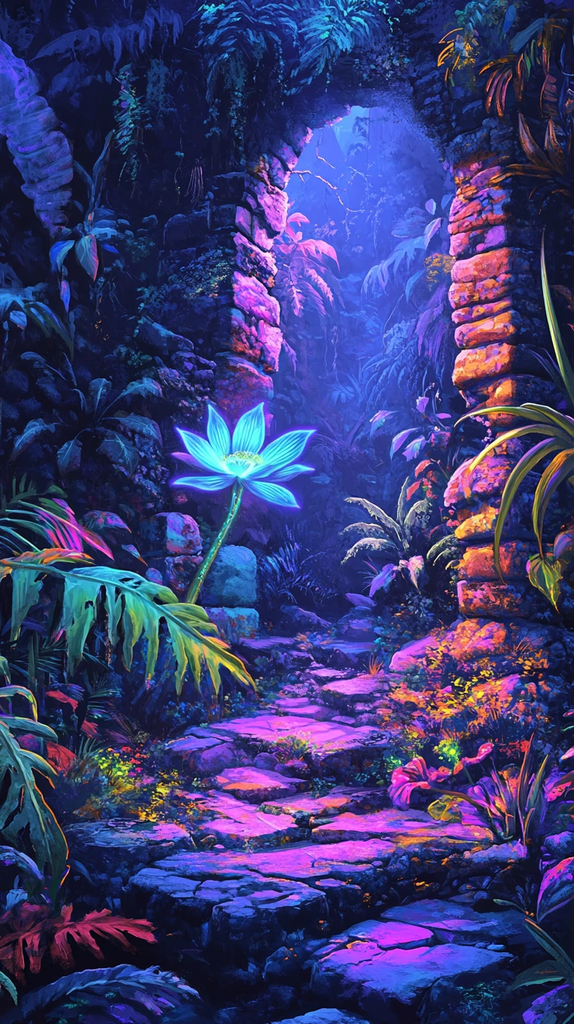 Muro de jungla mágica con plantas luminosas y flor azul