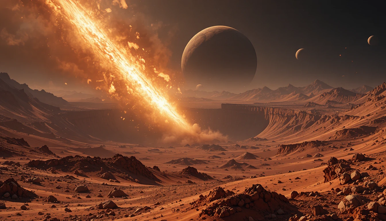 Colosal cráter de impacto que marca la superficie de un planeta rojo