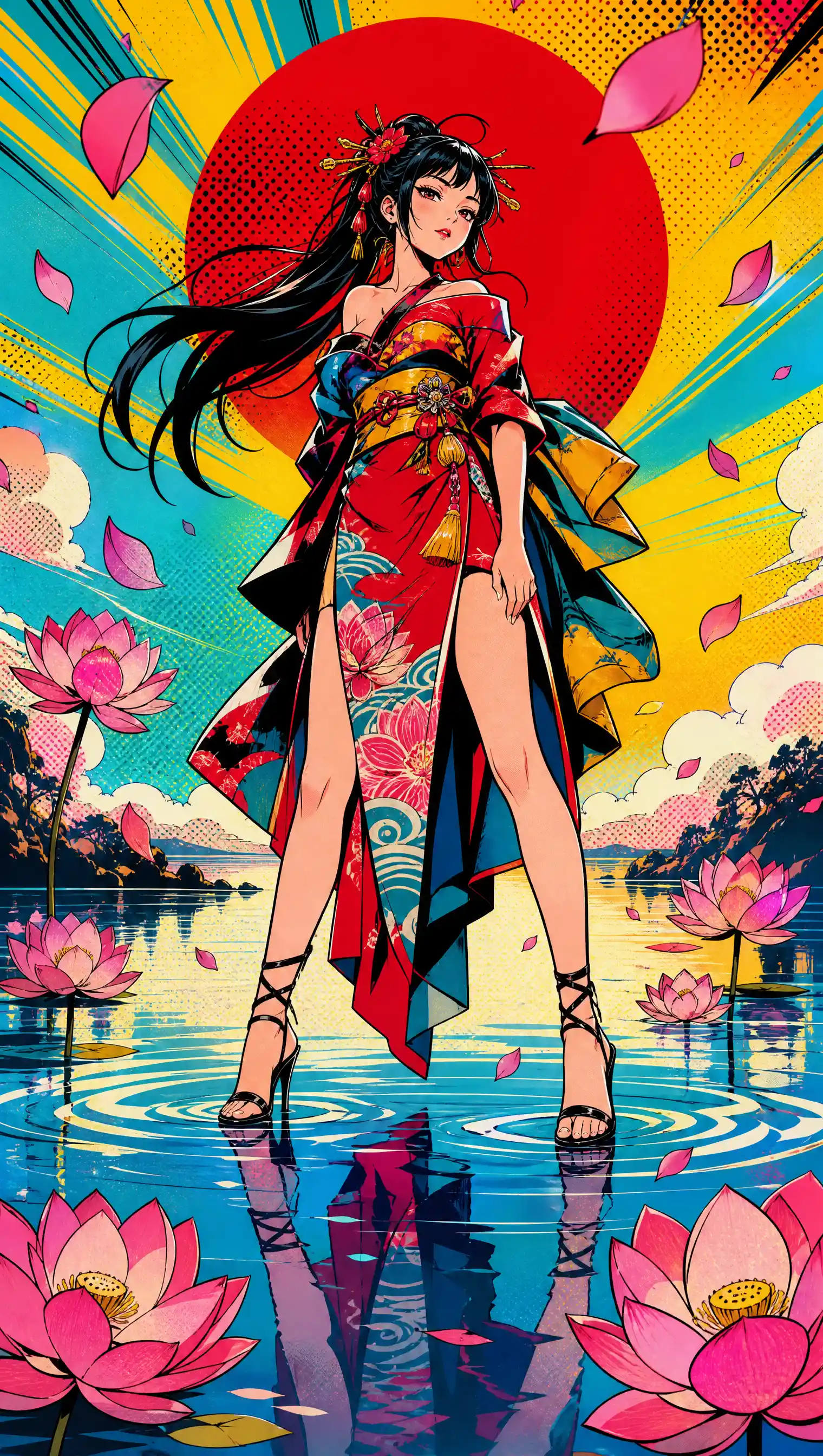 Chica anime segura de sí misma sobre agua tranquila con flores de loto