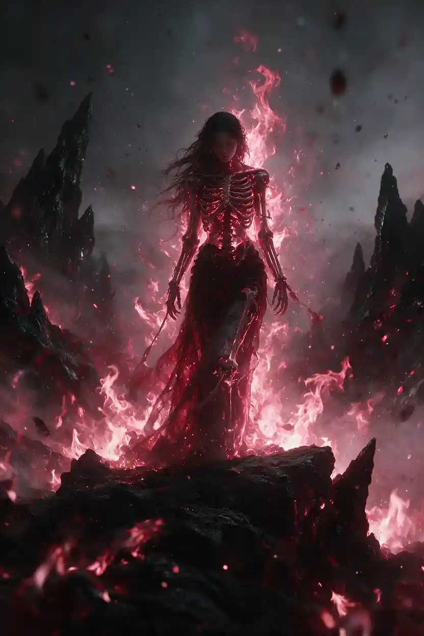 Abstract crimson figure bound in darkness and flame