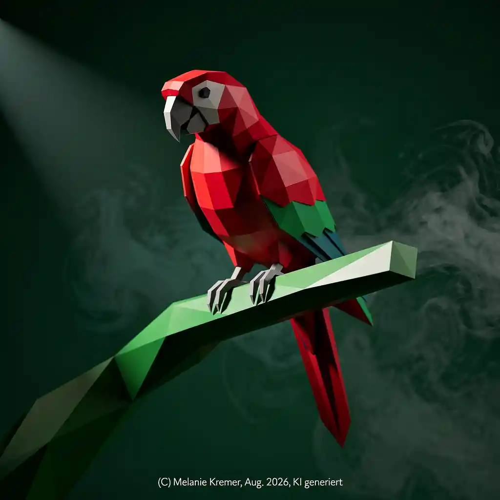 Pappagallo rosso low poly su ramo verde geometrico in ombra