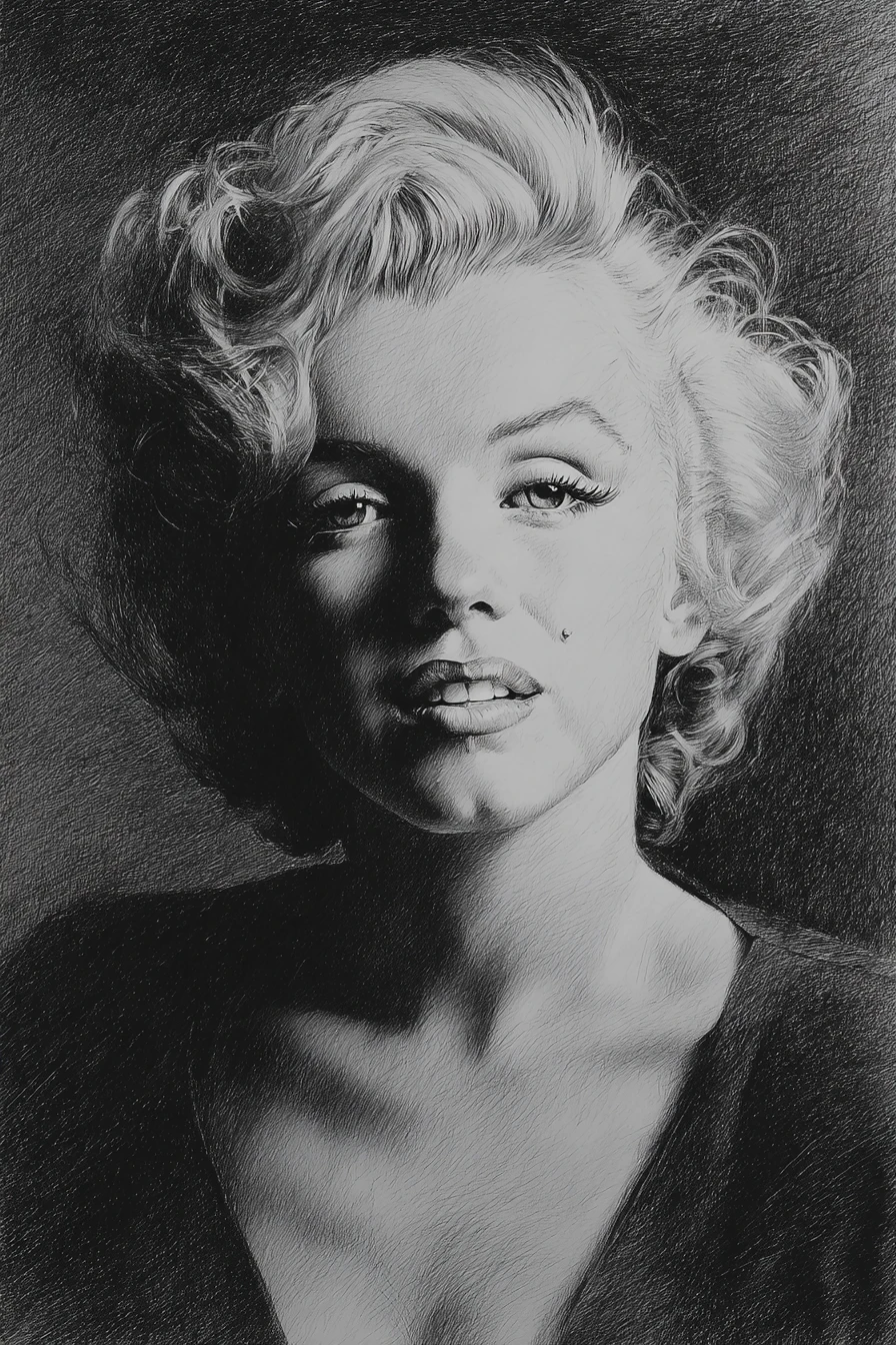 Retrato a grafito de Marilyn Monroe con su icónica sonrisa