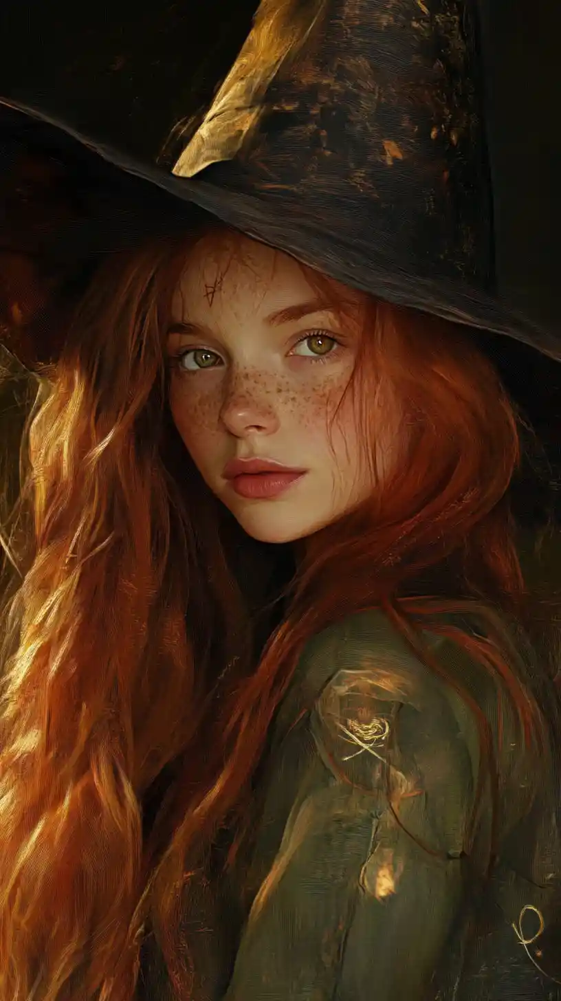 Young red haired witch portrait in soft dreamy light