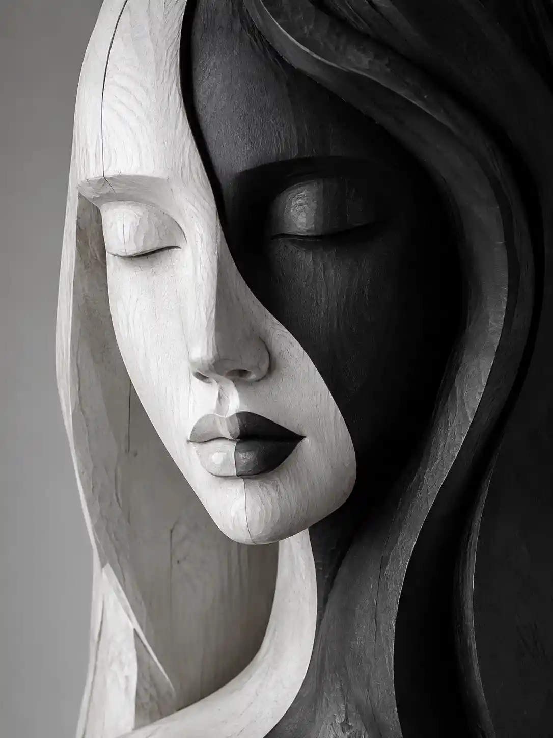 Primer Plano en Blanco y Negro de Escultura de Mujer en Madera