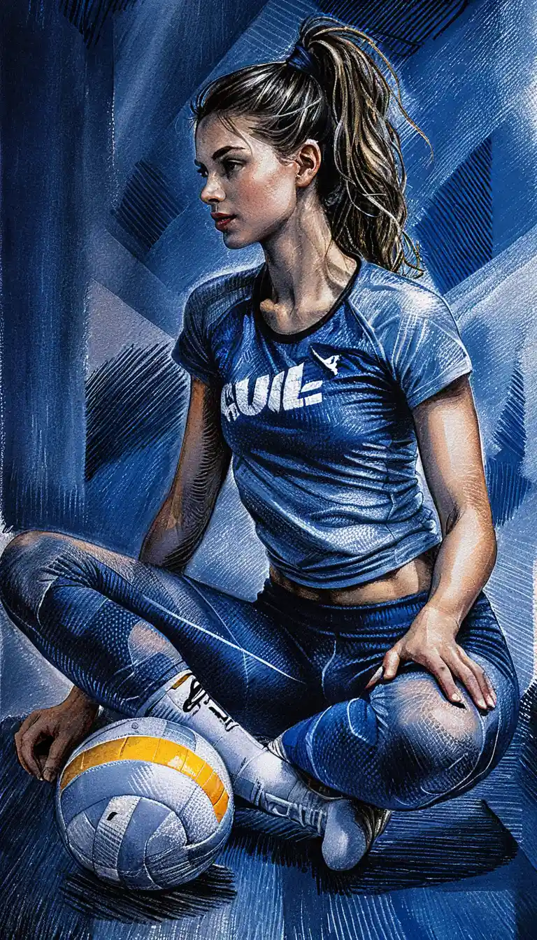 Athletic woman crouching with volleyball in pen drawing profile