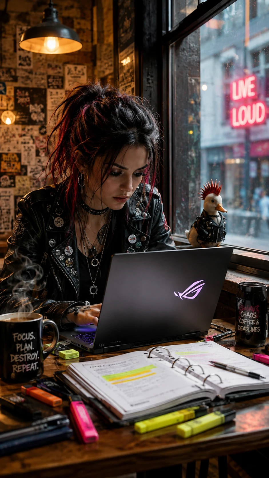 Mujer punk concentrada trabajando junto a la ventana de una cafetería acogedora