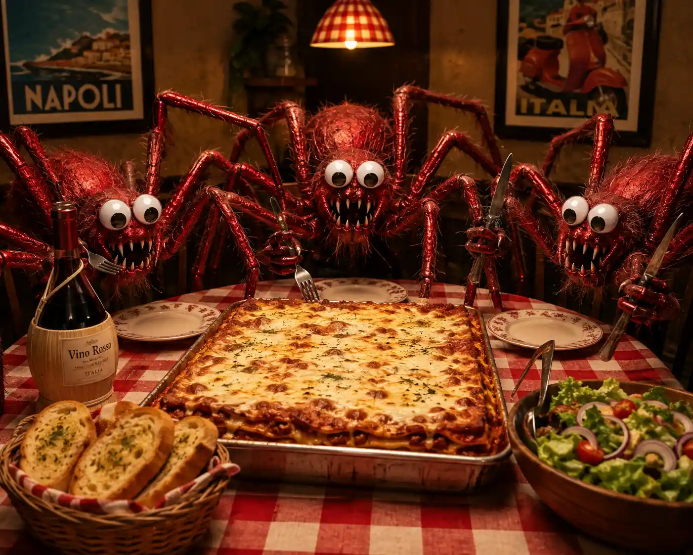 Lasaña italiana con queso en una bandeja sobre una mesa a cuadros rojos