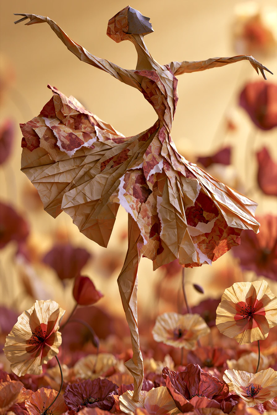 Ballerina di origami che si solleva con grazia da un mare di fiori